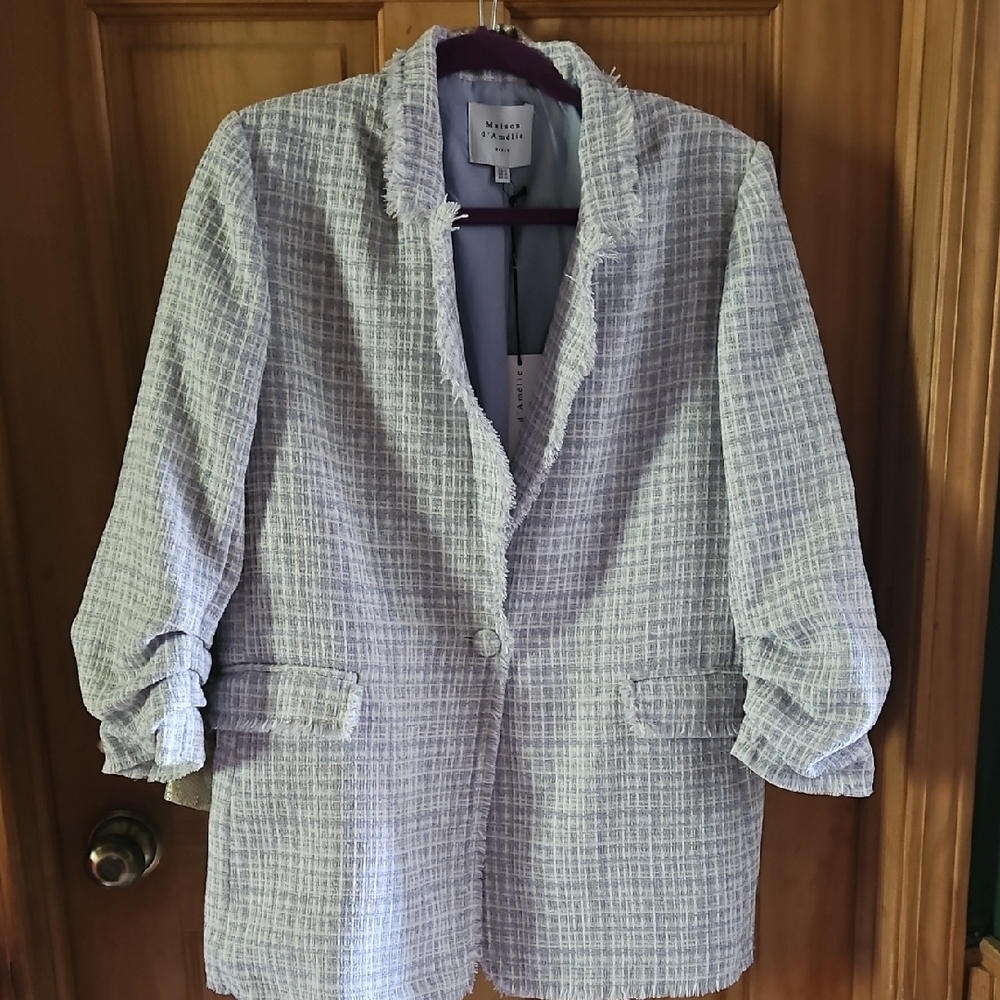 Light Blue, White, Gray Blazer Classic Notched Lapels Spring